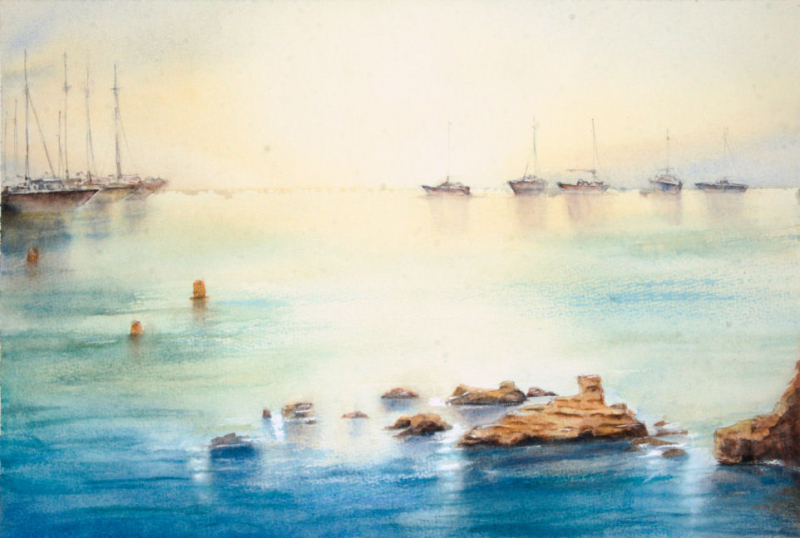 Morning on the sea. Author's aquarelle print